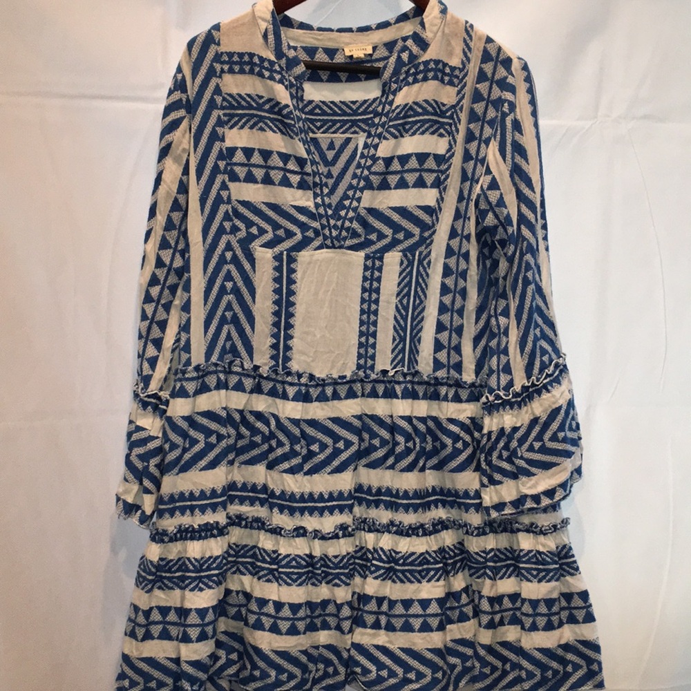 En Crème Blue & Ivory Bohemian Tiered Long-Sleeve Dress, Size L